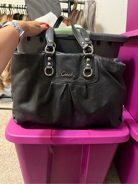 Coach Black Leather Shoulder Tote with Silver Hardware